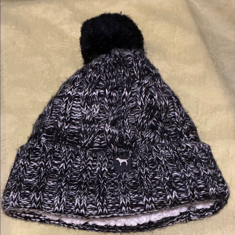 PINK Victoria's Secret Black and Gray Knit Pom-Pom Hat